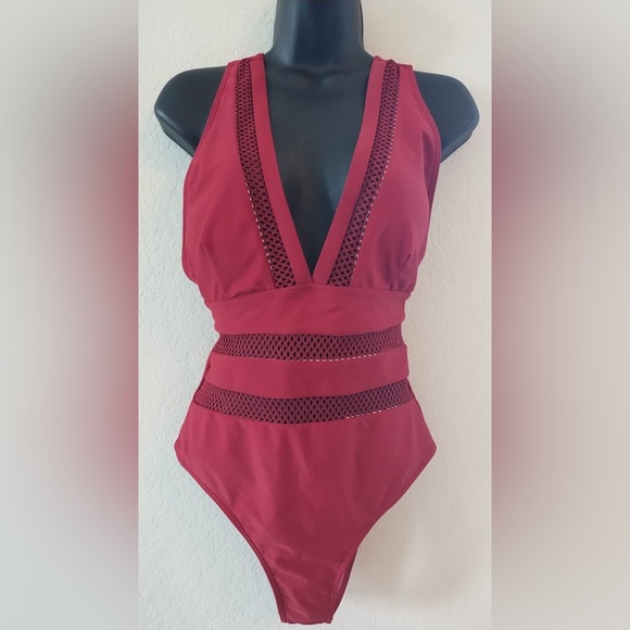 SHEIN Printed Mesh Plunge One-Piece Swimsuit Size Large - Picture 1 of 11